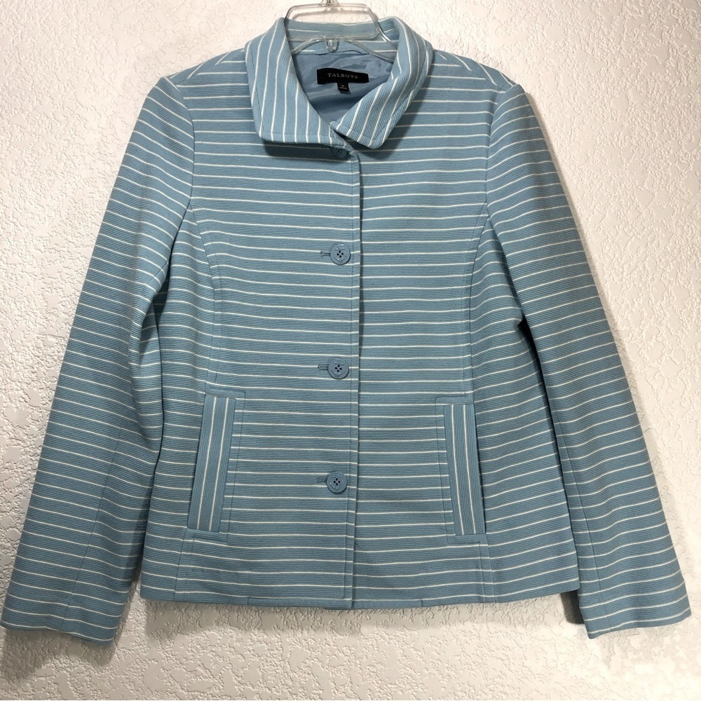 Talbots Light Blue and White Striped Cotton Blend Blazer